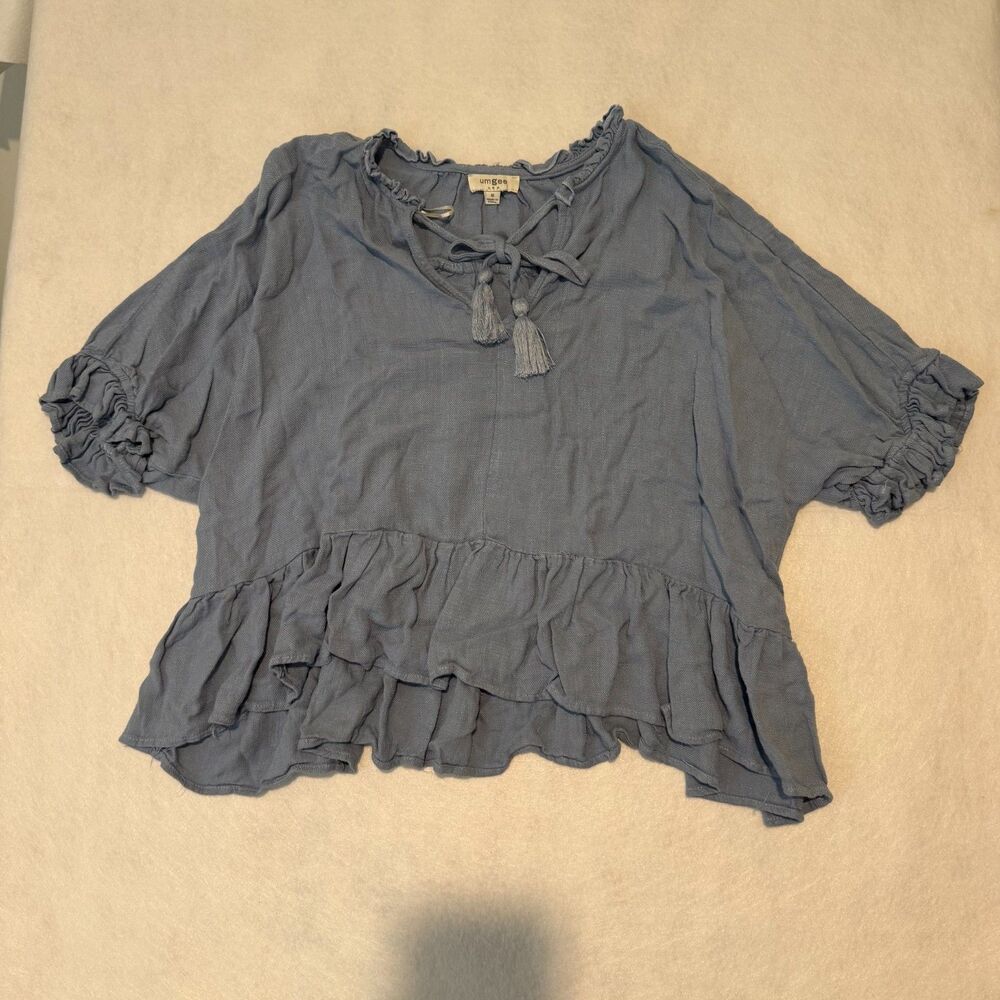 Umgee Women's Blue Linen Blend Ruffle Peplum Blouse Tie Neck Size M
